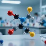 Scientists handling peptide molecules in futuristic laboratory setting.