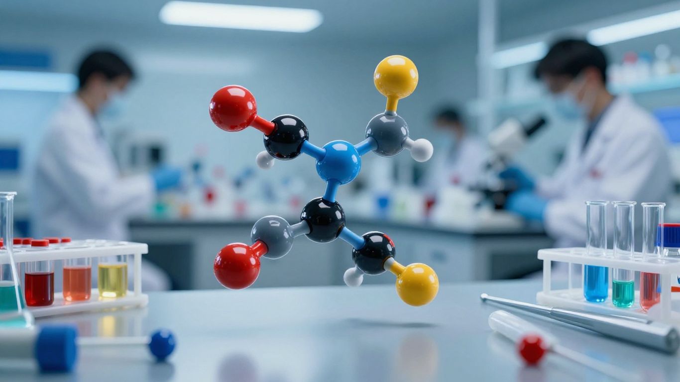 Scientists handling peptide molecules in futuristic laboratory setting.