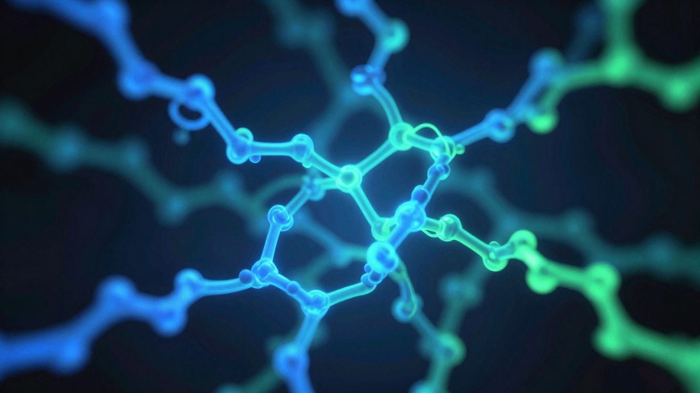 Abstract glowing peptide chains in a dark background.