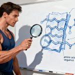 A muscular man looking at a diagram of peptide molecules, symbolizing the science behind body transformation.