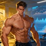 A powerful, muscular man looking determined, with a background blending scientific data and gym equipment, representing the intersection of peptide research and fitness.