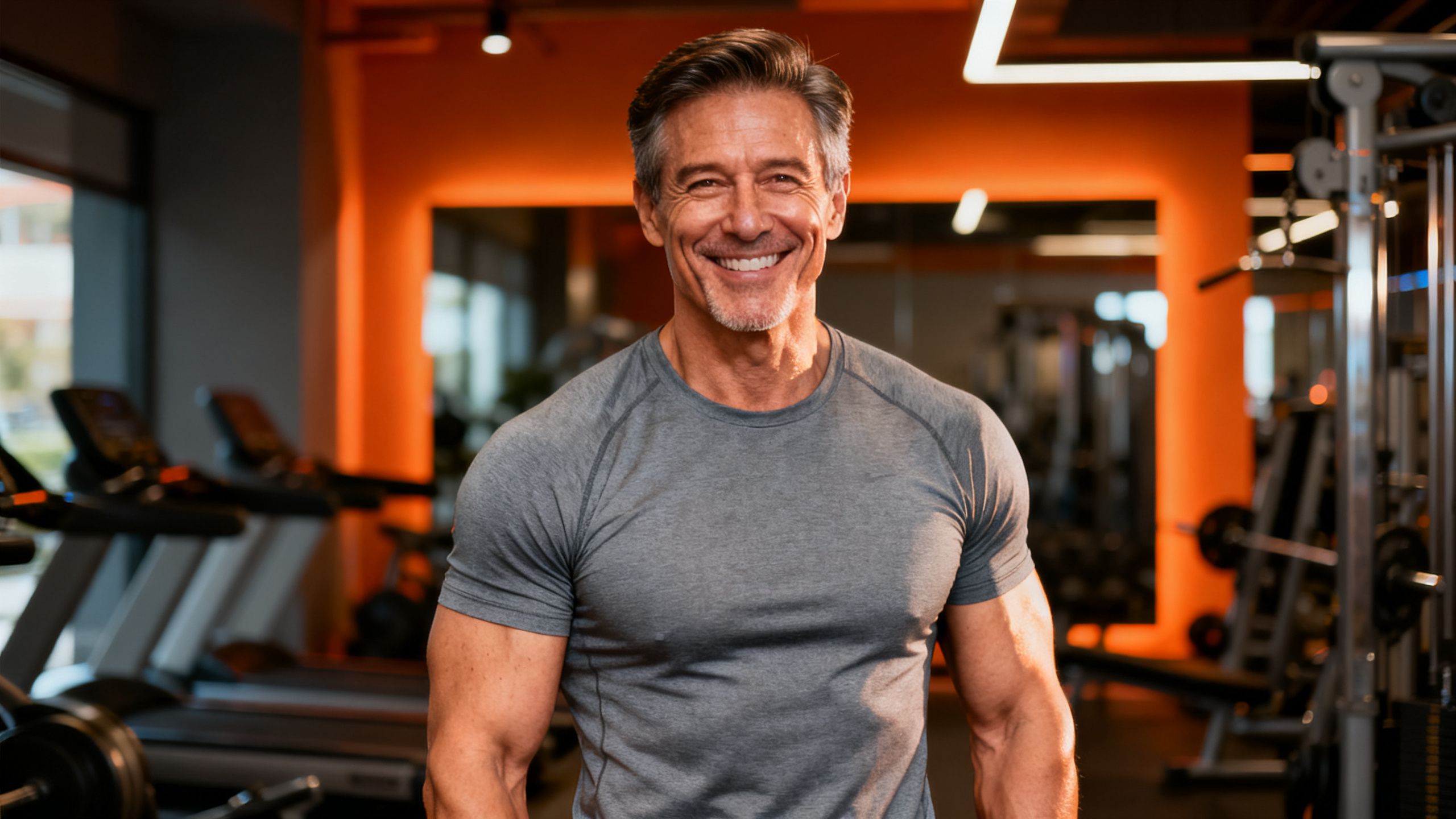 A vibrant, strong man over 40 looking energetic and healthy, symbolizing the effects of balancing testosterone, GH, and MOTS-c.