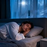 A man peacefully sleeping in a dark, cool bedroom, symbolizing the benefits of a good nighttime routine.