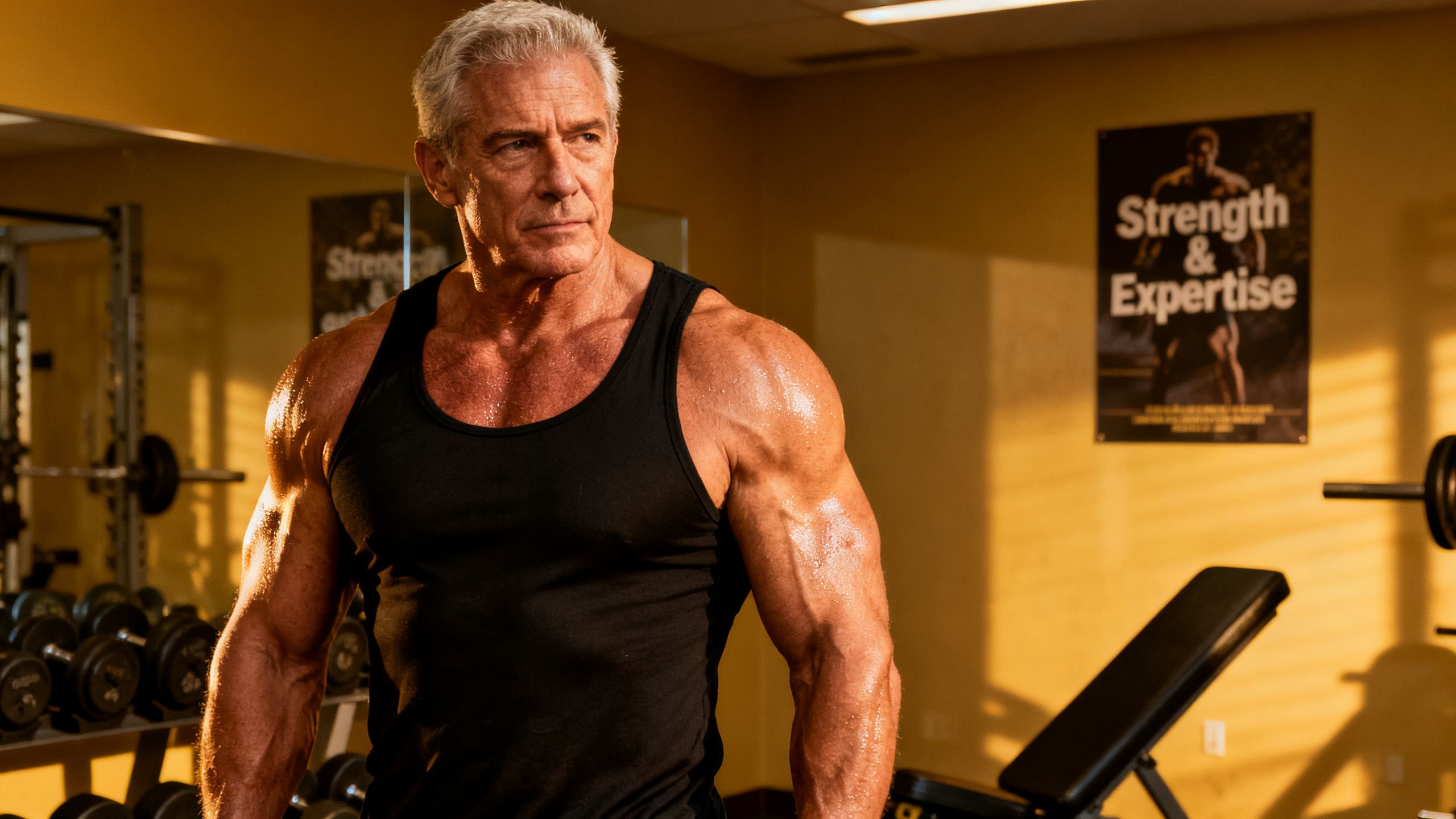 A muscular man in his 50s, representing Jon Andersen, standing confidently in a gym setting with a focused expression, symbolizing strength and expertise in fitness.