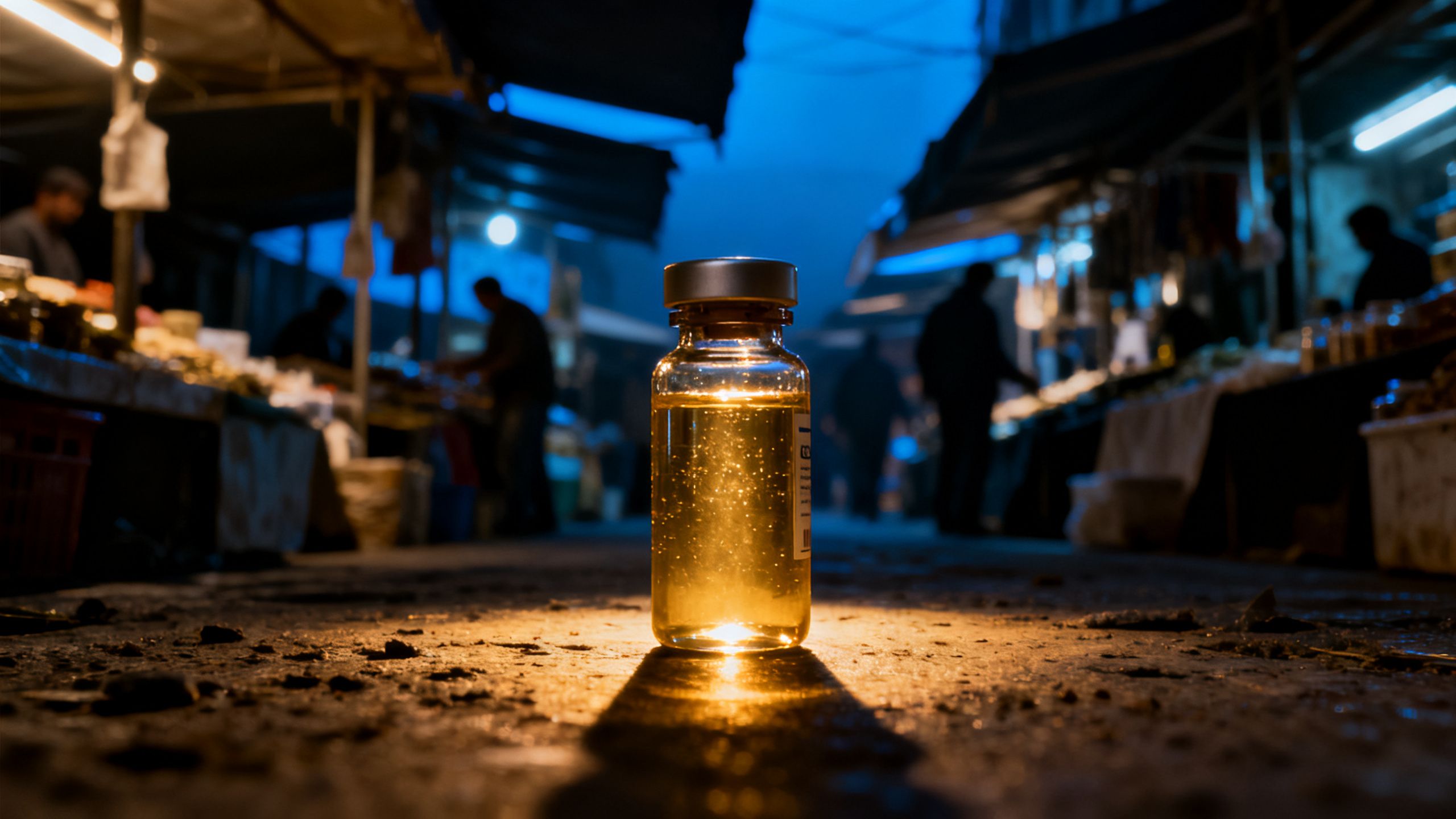 A dramatic image of a single, glowing peptide vial in the foreground with a shadowy, untrustworthy marketplace in the background, symbolizing the choice between quality and risk.