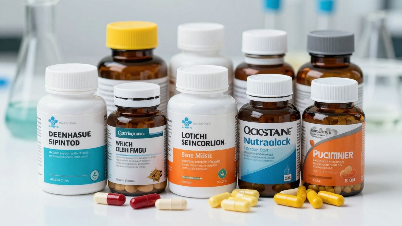 Dietary supplement bottles and capsules with lab glassware.