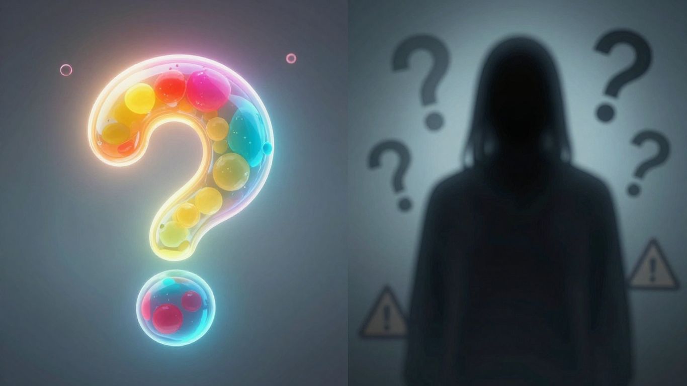 Peptide molecule and a shadowy figure with question marks.