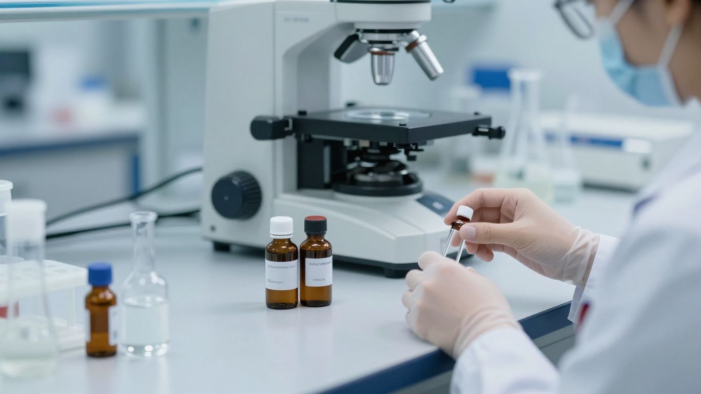 Laboratory equipment and vials for peptide research.