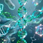 Abstract peptide chains and medical symbols, glowing blue and green.