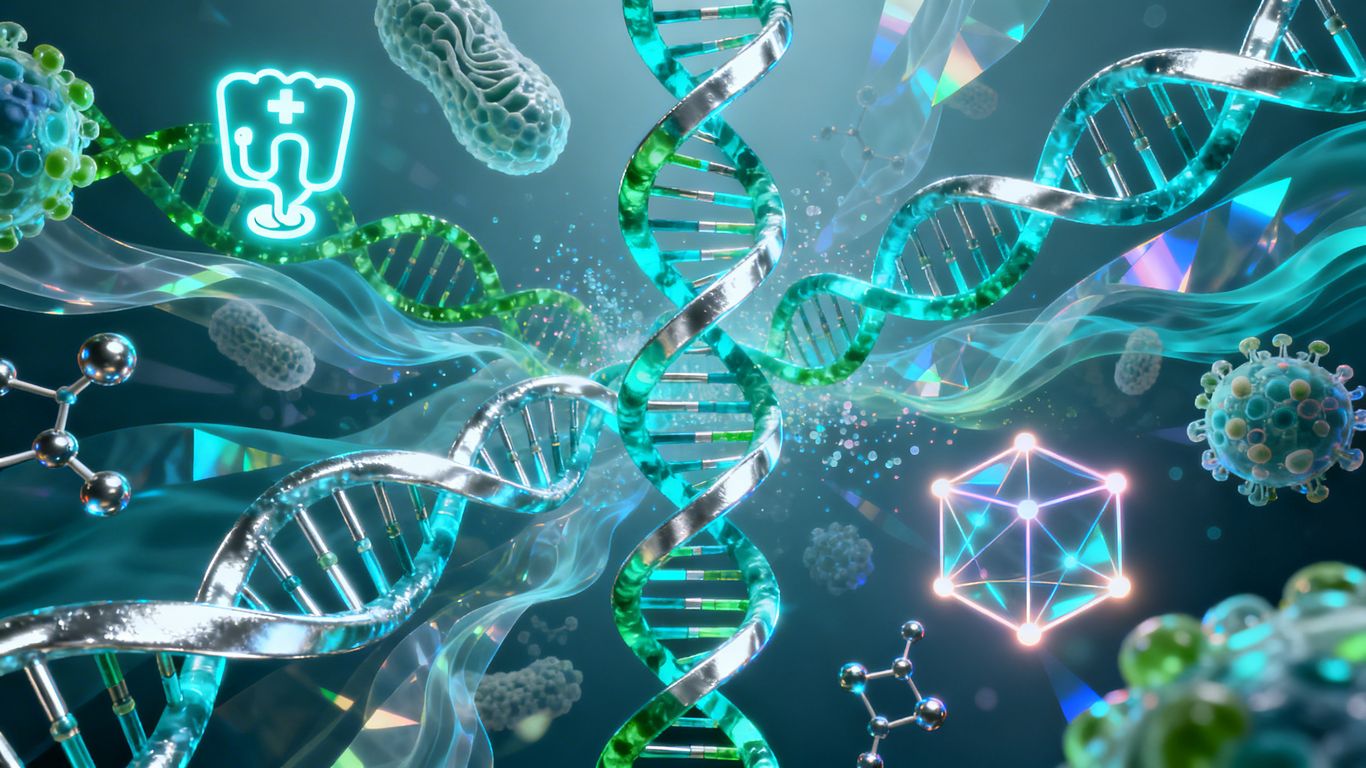 Abstract peptide chains and medical symbols, glowing blue and green.