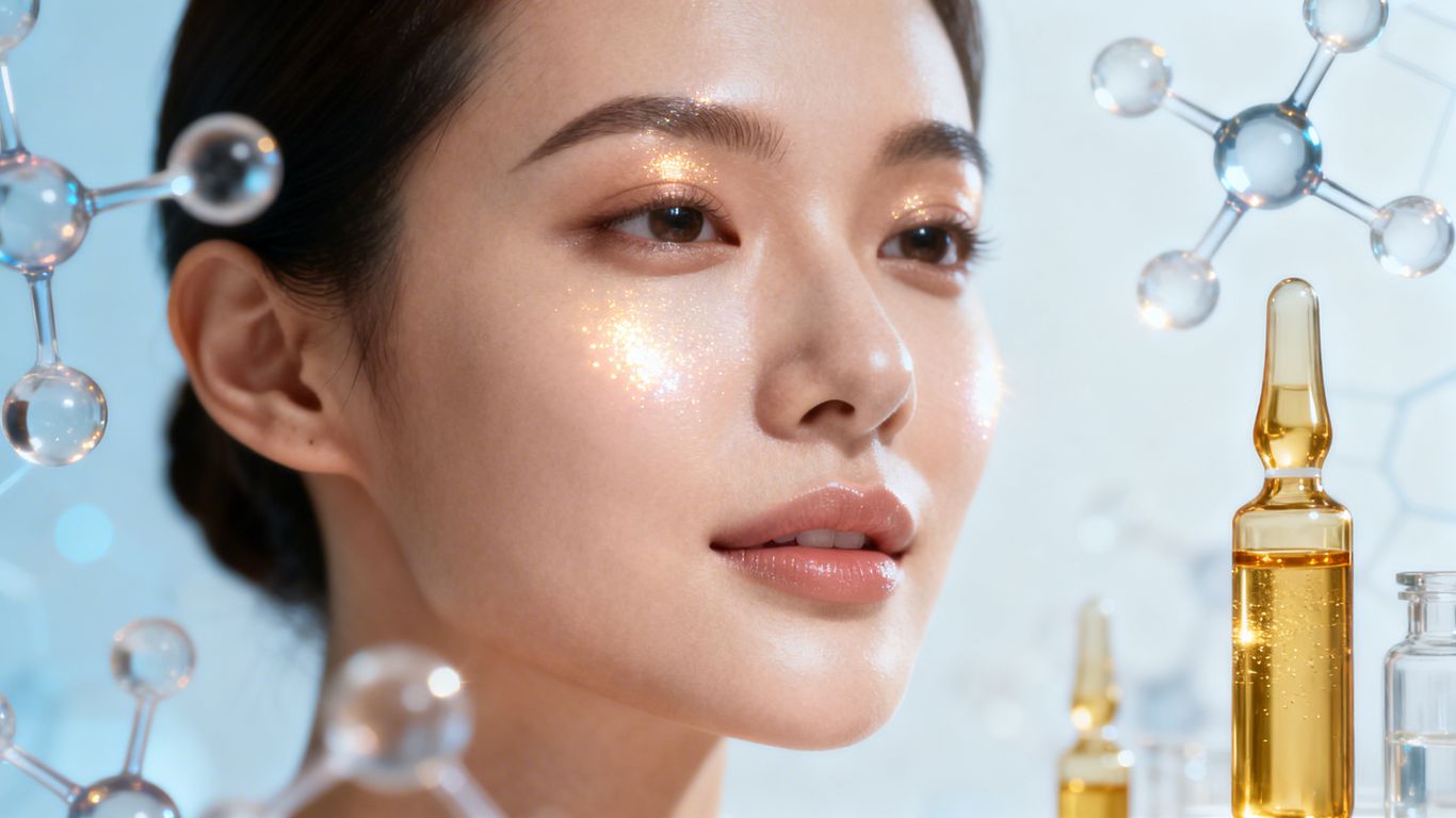 Skin, molecules, and vials showing modern skincare science