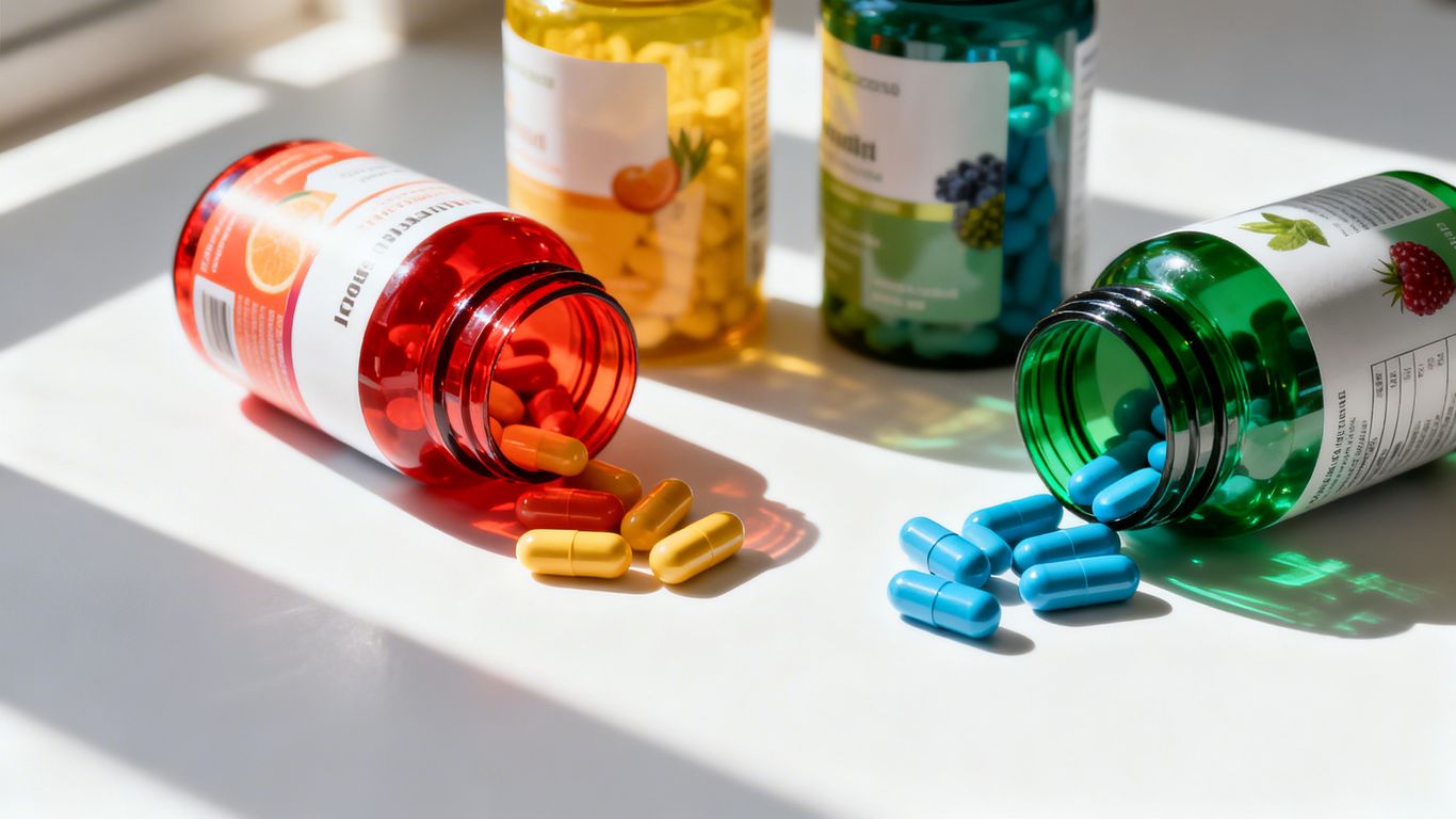 Dietary supplement bottles and capsules on a white surface.