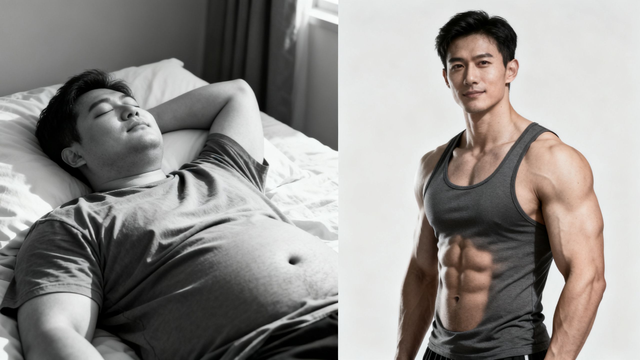 A split image showing a man sleeping soundly on one side and the same man looking muscular and lean on the other, representing the effects of Tesamorelin.