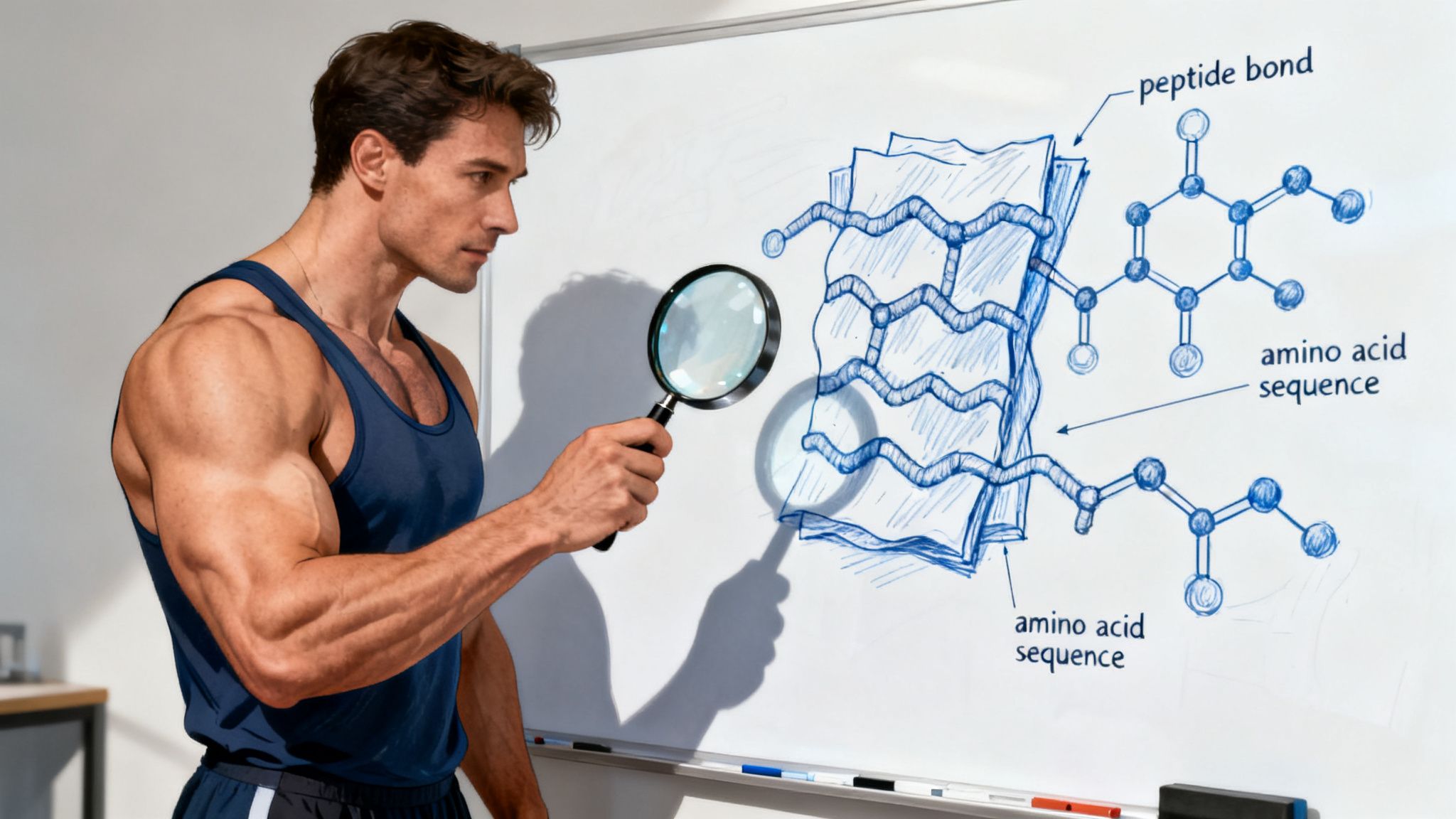 A muscular man looking at a diagram of peptide molecules, symbolizing the science behind body transformation.
