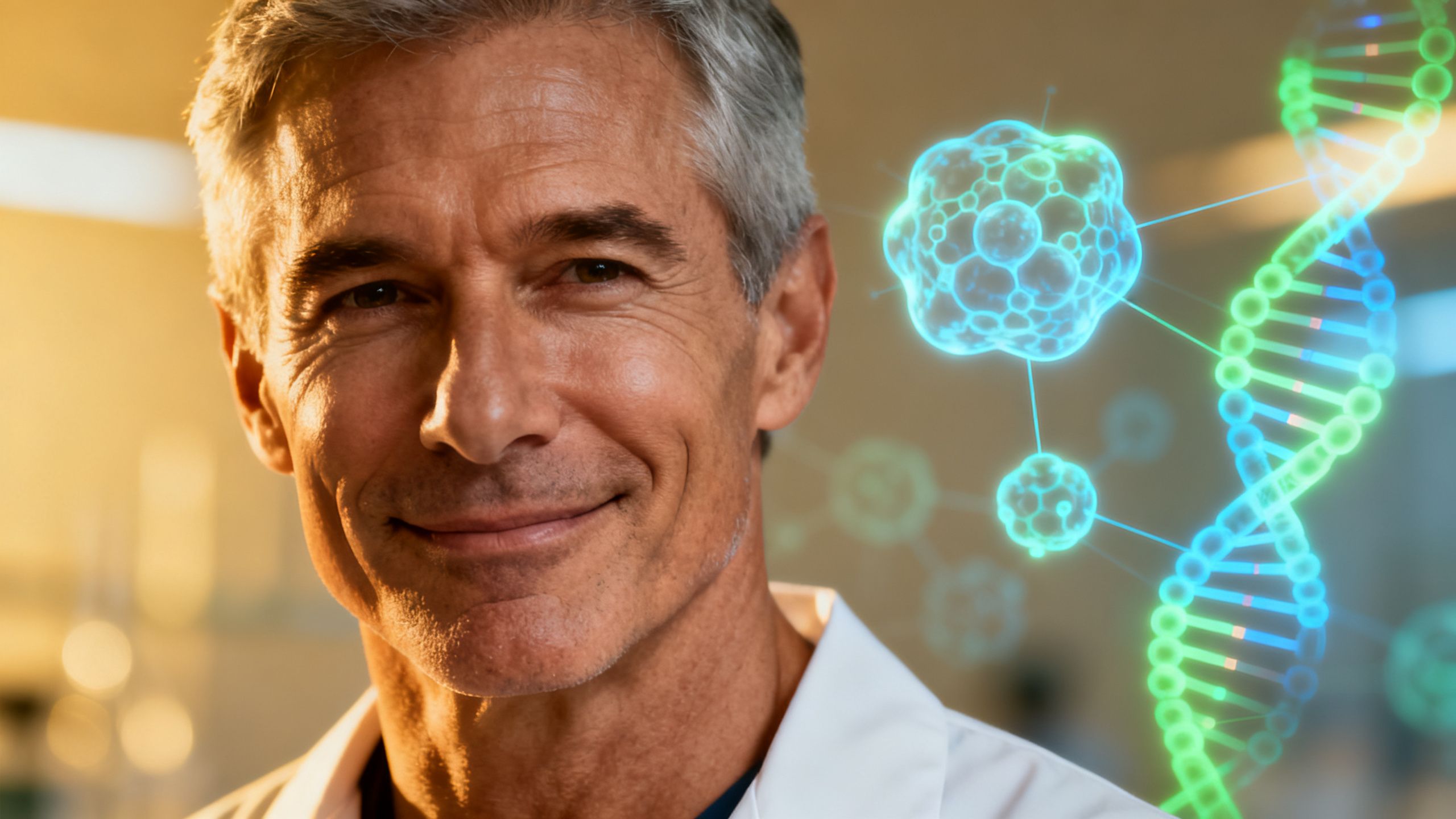 A confident, athletic man in his 50s looking directly at the camera, with subtle glowing diagrams of cellular structures and DNA helixes overlaid in the background, representing the science of peptides.