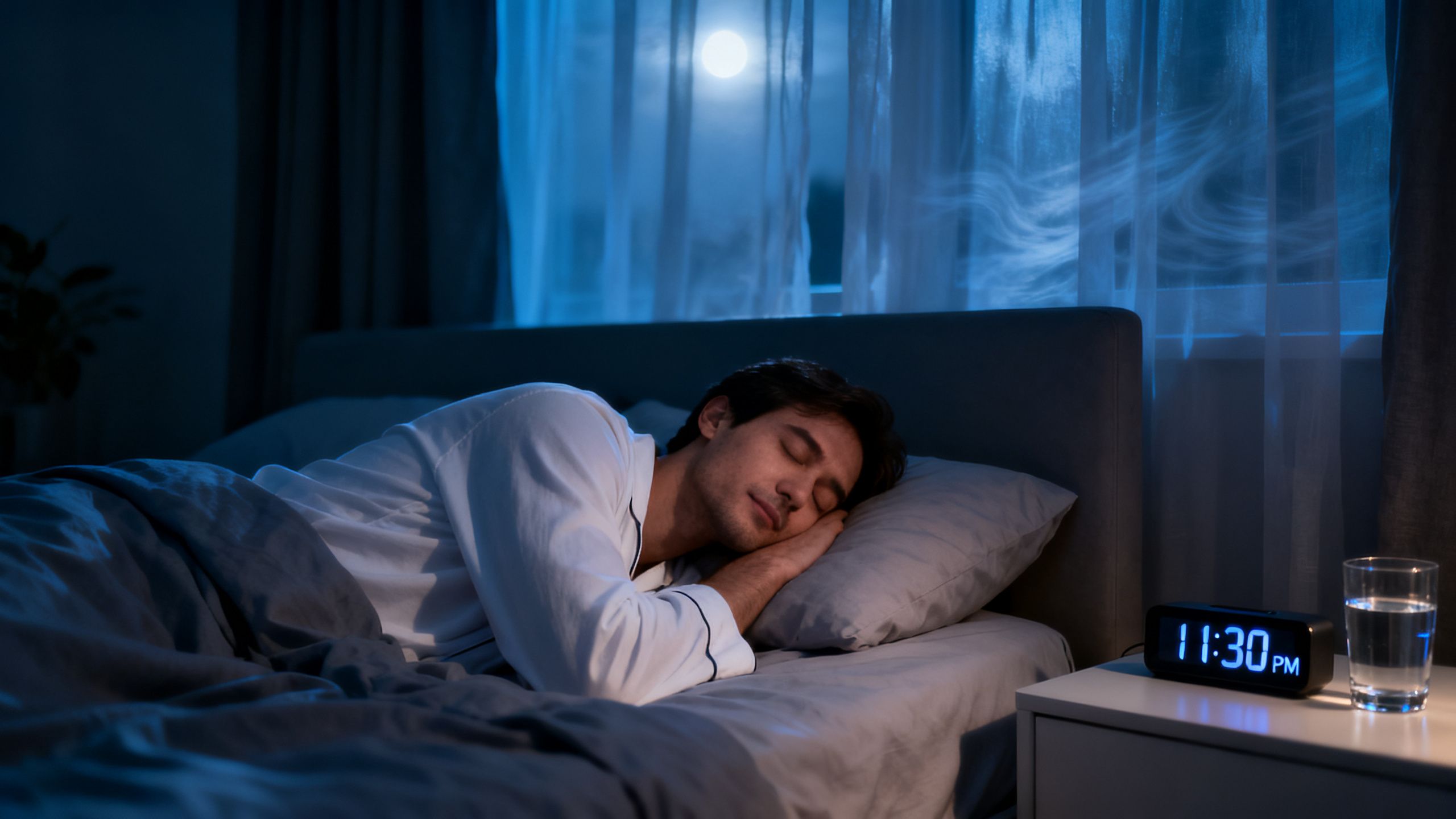 A man peacefully sleeping in a dark, cool bedroom, symbolizing the benefits of a good nighttime routine.