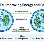 Simple schematic of NAD+ improving energy and focus at a cellular level, highlighting different responses in different people