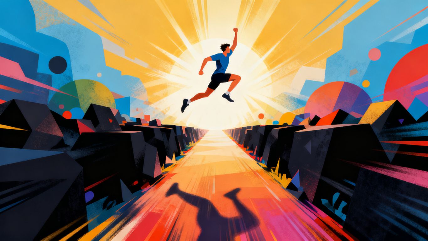 Person leaping over obstacles towards a brighter future.
