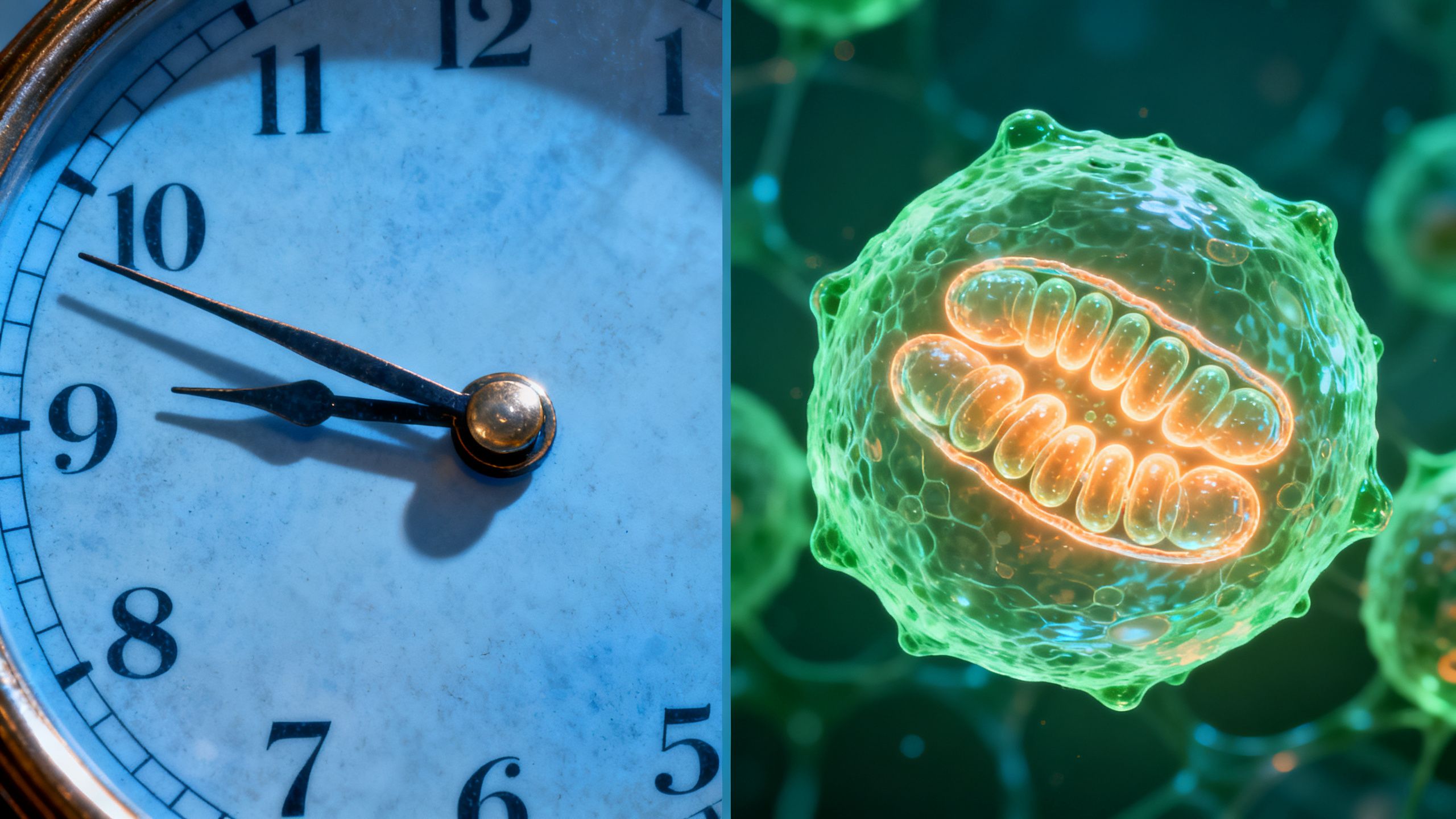 A split image showing a clock on one side and a vibrant, healthy human cell on the other, symbolizing the slowing of the aging process.