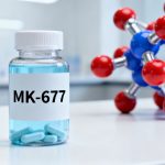 A bottle of MK-677 capsules with growth hormone molecular models in the background