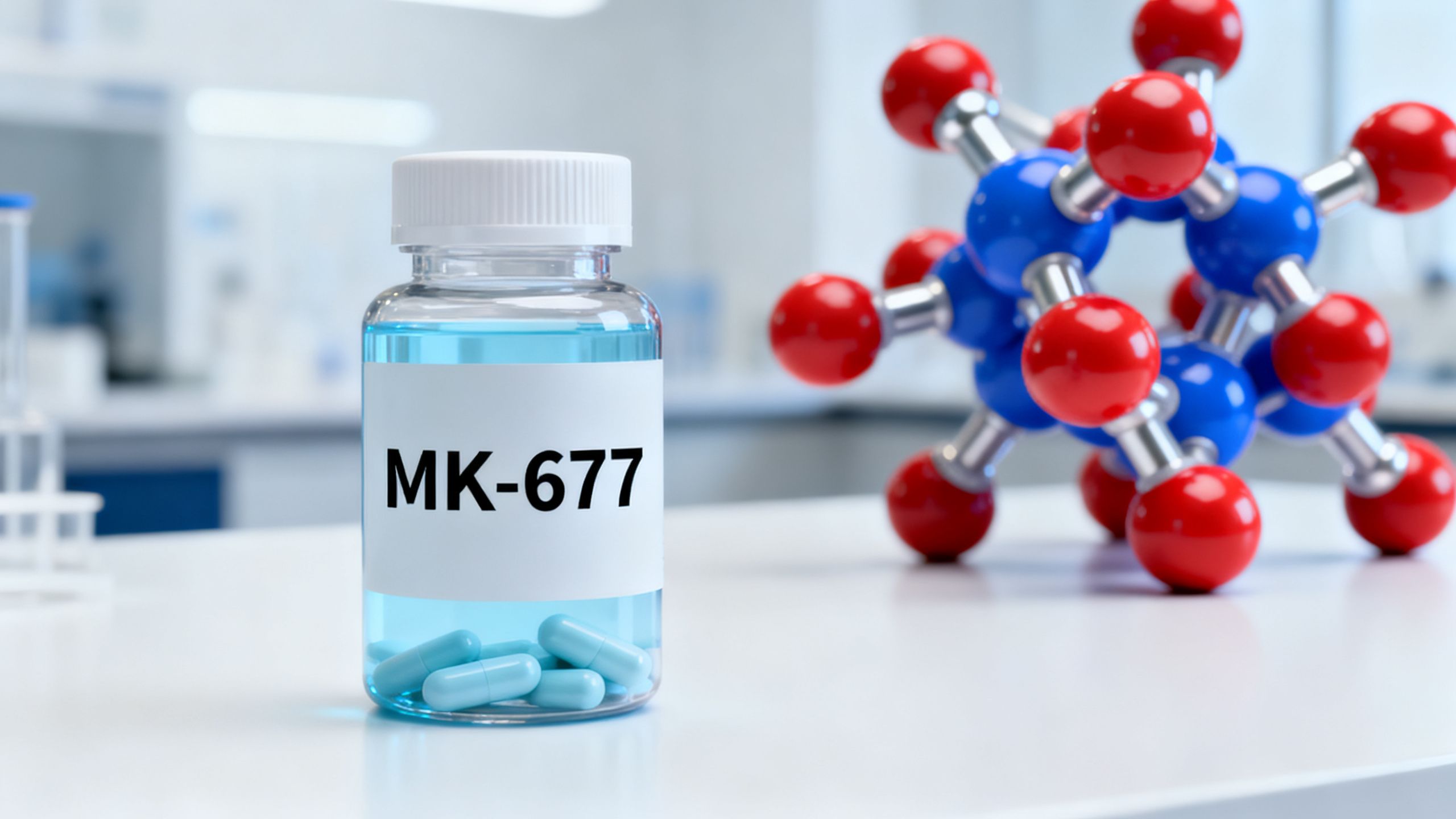 A bottle of MK-677 capsules with growth hormone molecular models in the background