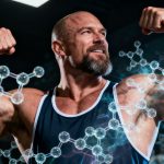 A powerful image of North America's Strongest Man Jon Andersen with an overlay of peptide molecular structures, representing his expertise in fitness and peptide science.
