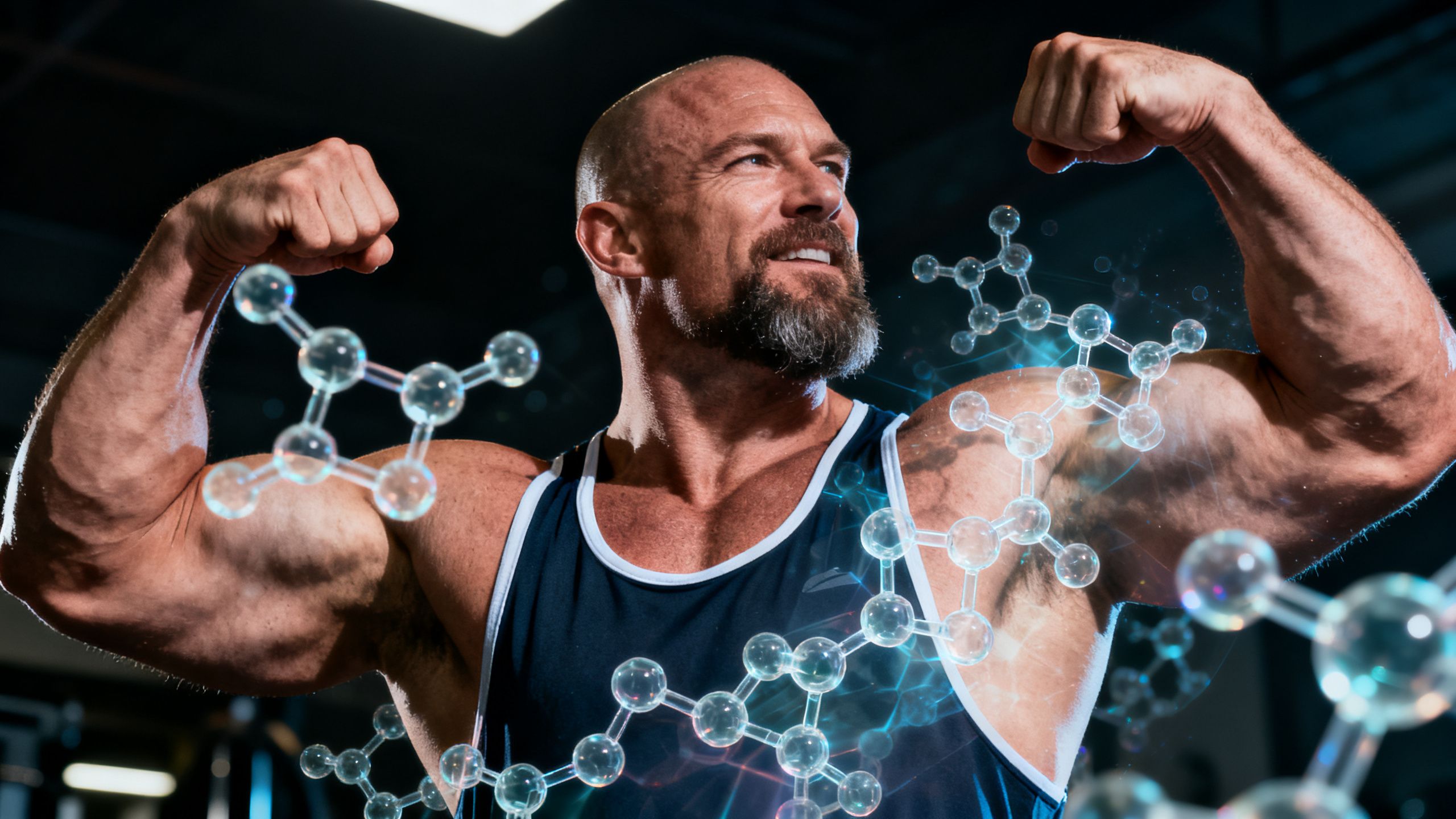 A powerful image of North America's Strongest Man Jon Andersen with an overlay of peptide molecular structures, representing his expertise in fitness and peptide science.