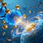 A microscopic view of peptides repairing human cells, with glowing blue and gold energy, symbolizing healing and rejuvenation.