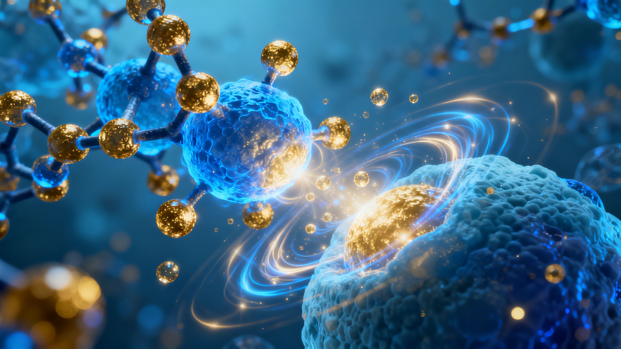 A microscopic view of peptides repairing human cells, with glowing blue and gold energy, symbolizing healing and rejuvenation.