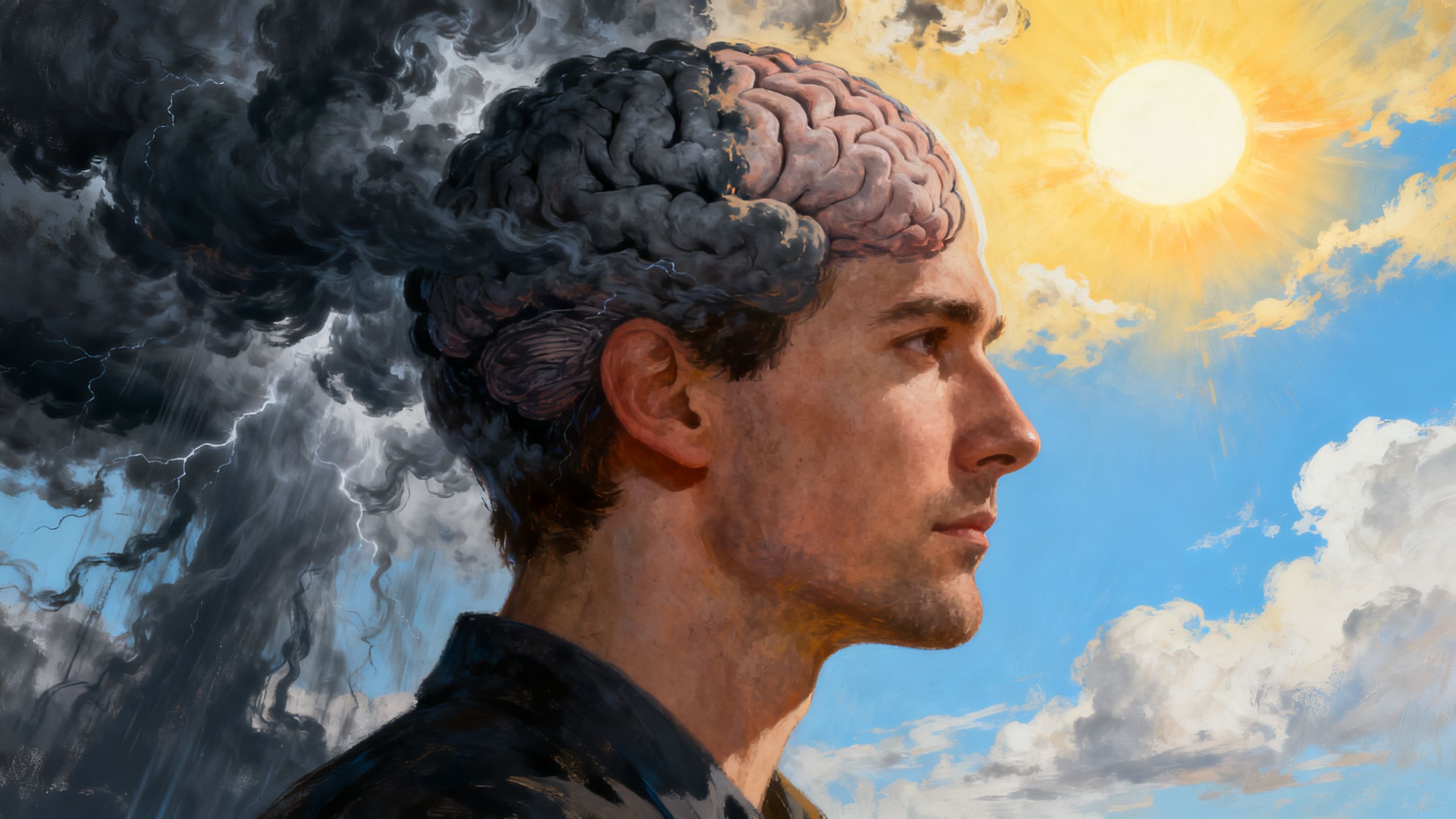 A powerful illustration of a man's profile, with one half of his brain showing dark, chaotic storm clouds and the other half showing a bright, sunny sky, symbolizing mental control.