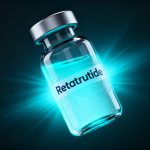 A sleek, futuristic vial labeled 'Retatrutide' with a glowing aura, symbolizing its advanced power for fat loss and longevity.