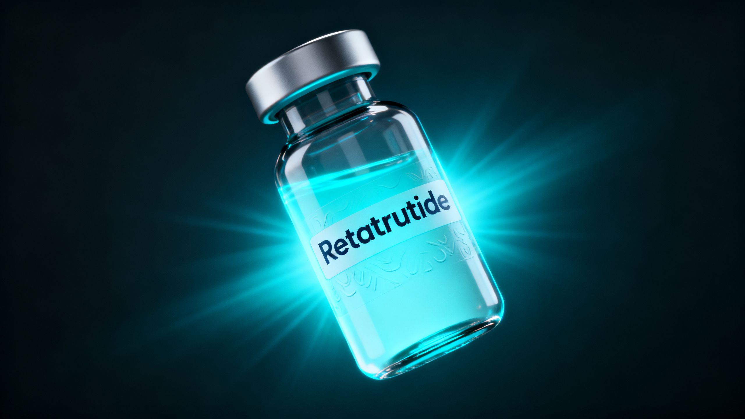 A sleek, futuristic vial labeled 'Retatrutide' with a glowing aura, symbolizing its advanced power for fat loss and longevity.